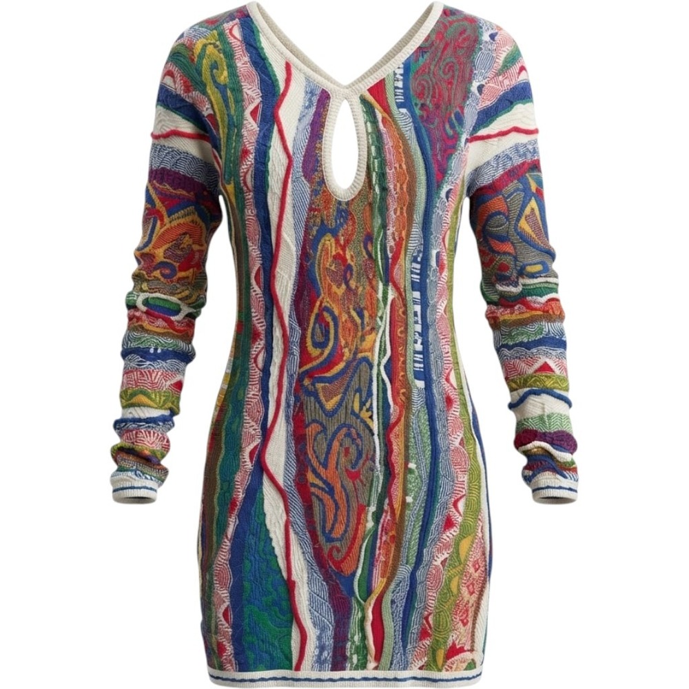 Coogi Australia Vintage 3D Knit Lace Up Back Long Sleeve Mini Dress Size M